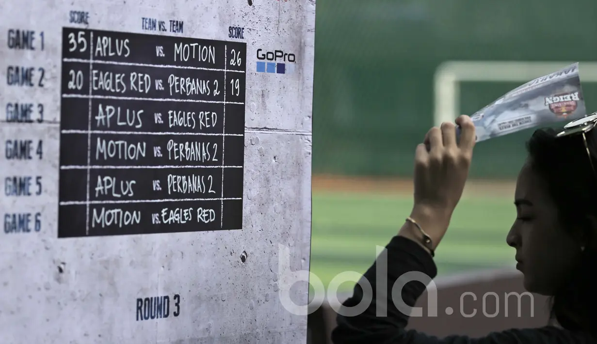 Penonton menyaksikan jadwal dan hasil pertandingan turnamen basket Red Bull Reign 3x3 di Lapangan Pati Unus Jakarta, Sabtu (15/4/2017). (Bola.com/Peksi Cahyo)
