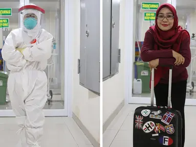 Perawat Nurlaila (43) berpose dengan Alat Perlindung Diri (APD) dan koper saat di jumpai di Rumah Sakit Haji, Jakarta. Ela selain menangani pasien Covid-19 ia mempunyai hobi traveling. (Liputan6.com/Herman Zakharia)