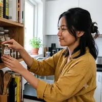 Cara Menata Botol Bumbu agar Dapur Mungil Terasa Lega dan Tak Berantakan. (Gambar: AI Generated)