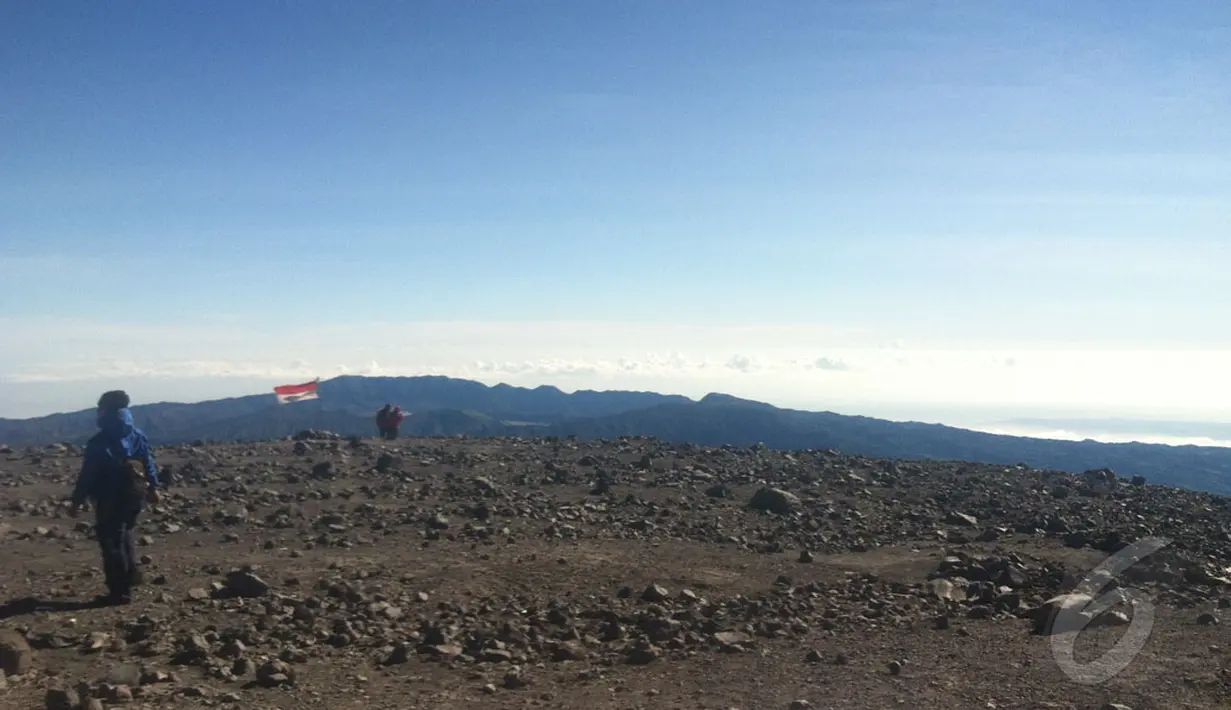Hamparan langit membiru dengan gumpalan awan seputih kapas menjadi pemandangan menakjubkan di Puncak Mahameru (Liputan6.com/Andi Jatmiko).