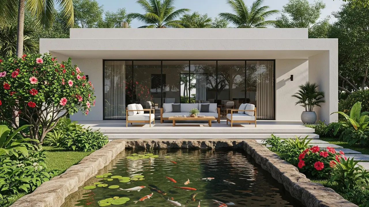 Desain Rumah Desa dengan Kolam Ikan Depan Teras