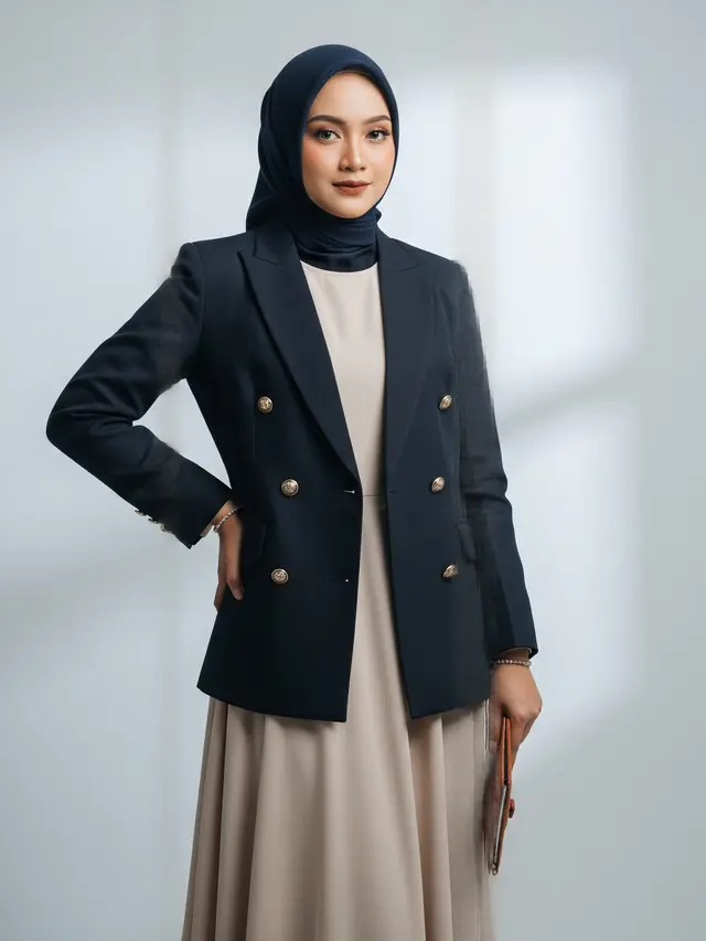 Gamis Polos dengan Blazer Double-Breasted