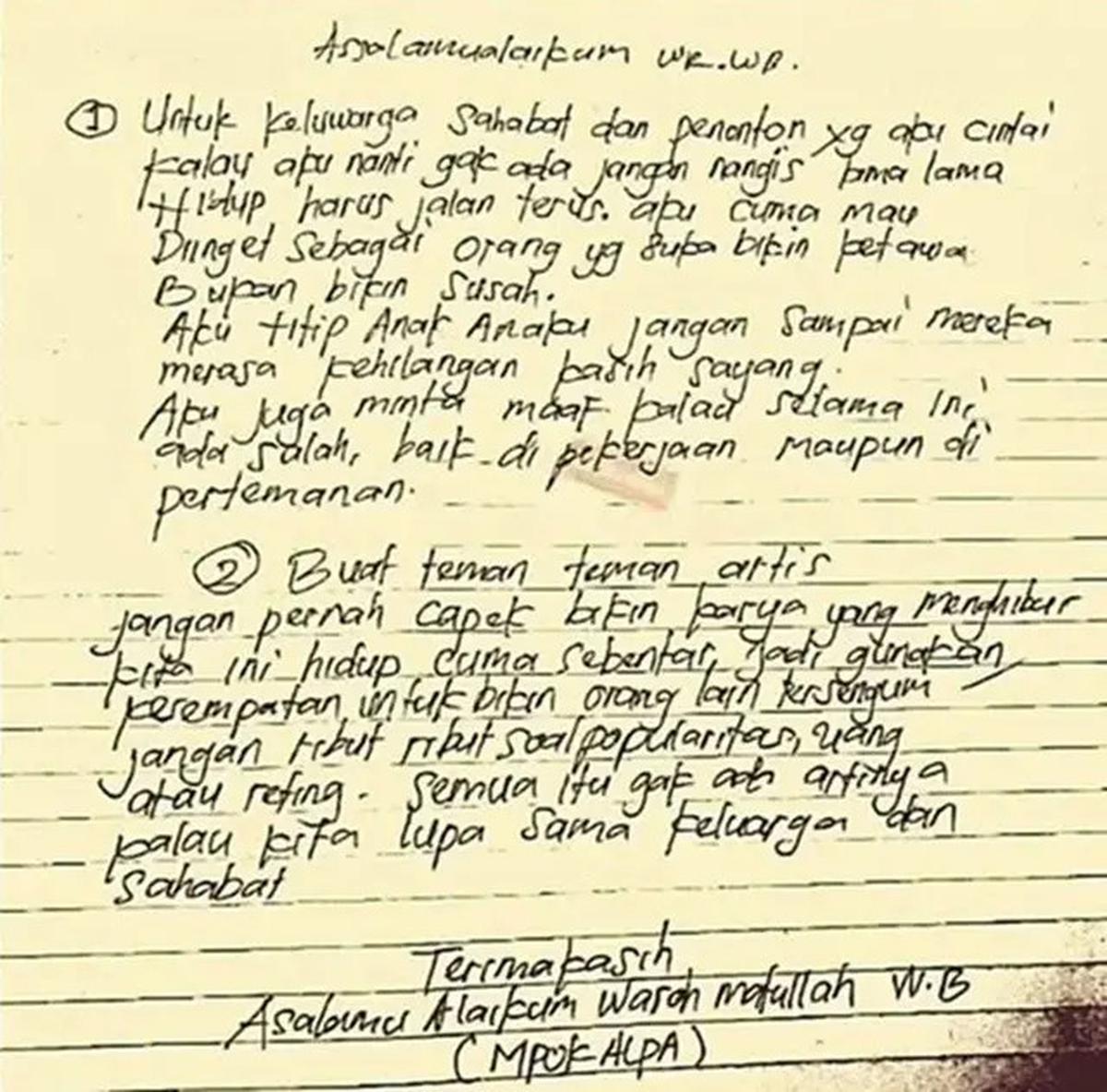 Beredar Surat Wasiat Tulisan Tangan Almarhumah Mpok Alpa, Isinya Menyentuh