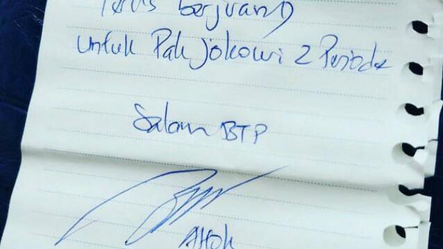 Lewat Tulisan Tangan, Ahok Dukung Jokowi Jadi Presiden Lagi