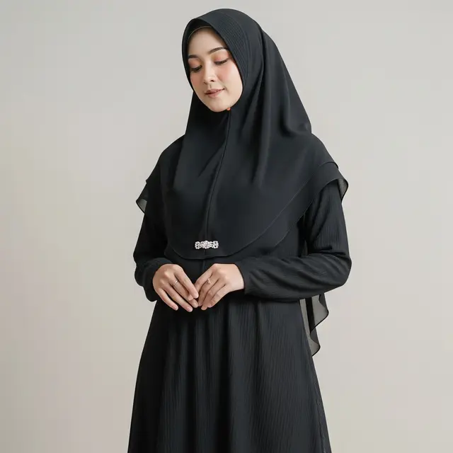 Gamis Hitam Crinkle Airflow dengan Renda di Bagian Bawah