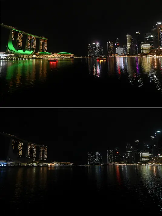 Foto kombinasi menunjukkan pemandangan umum hotel dan resor Marina Bay Sands yang diterangi (kiri) dan cakrawala kota sebelum (atas) dan setelah lampu dimatikan (bawah) selama Earth Hour di Singapura (27/3/2021). (AFP/Roslan Rahman)