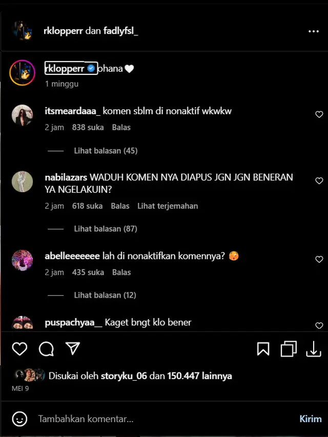 Rebecca Klopper justru malah kedapatan menonaktifkan kolom komentar di beberapa unggahannya.