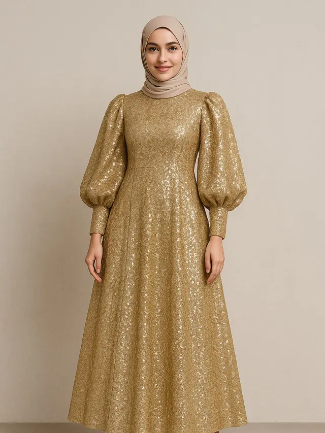 Model Gamis A-Line Brokat dengan Lengan Balon