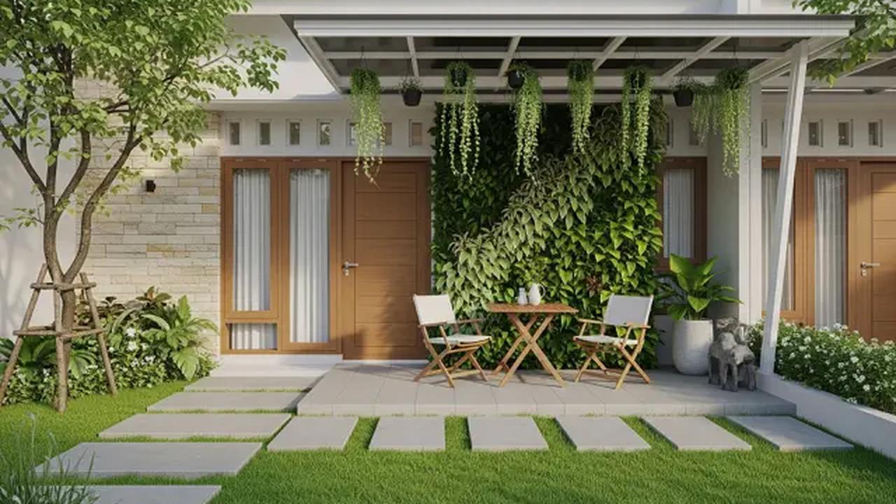 Teras dengan Taman Sederhana/Model Rumah 1 Lantai dengan Teras Depan Luas (Sumber; gemini.com)