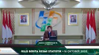 Plt. Kepala BPS, Amalia Adininggar Widyasanti dalam konferensi pers mengenai ekspor dan impor September 2023 di Jakarta, Senin (16/10/2023).