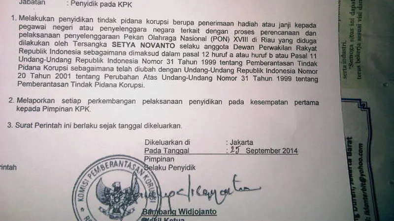 Sprindik Setya Novanto Jadi Tersangka Korupsi PON Beredar