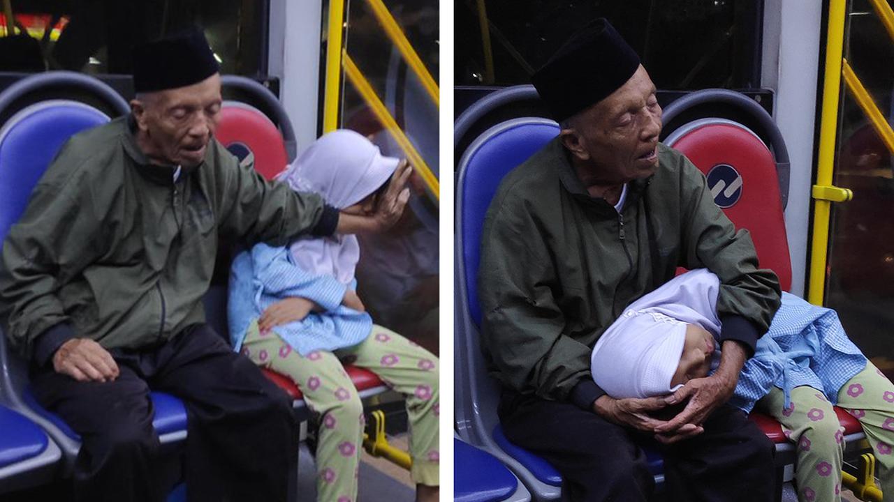Momen Kakek Lindungi Cucunya yang Tertidur di Transjakarta