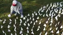 Relawan Dean Holt memancangkan bendera putih ke instalasi seni untuk mengenang warga Amerika yang meninggal karena COVID-19 di dekat Stadion RFK di Washington, Selasa (27/10/2020). Instalasi seni Suzanne Brennan Firstenberg itu disebut "In America, How Could This Happen.” (AP/Patrick Semansky)