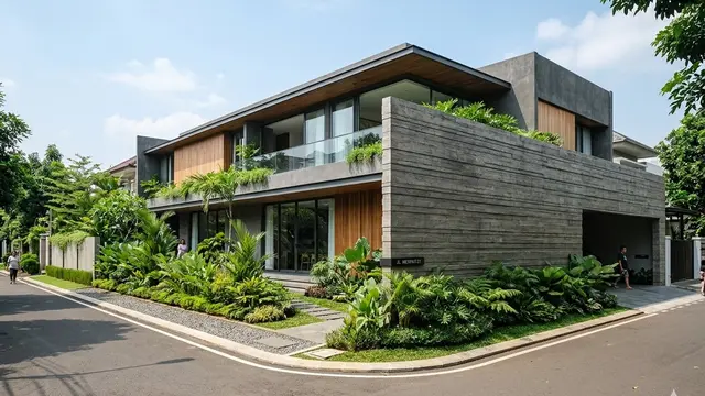 Gambar Fasad Rumah Minimalis dengan Kombinasi Kayu dan Beton