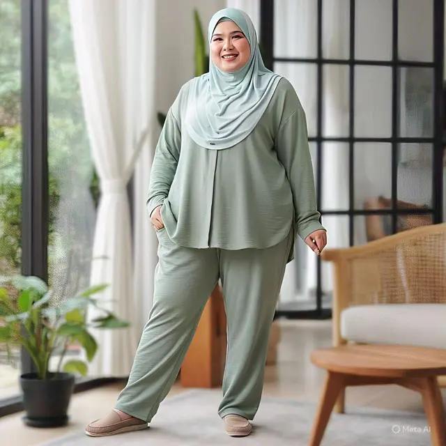 Outfit Casual Wanita Hijab Berisi dengan Kemeja Sage Green