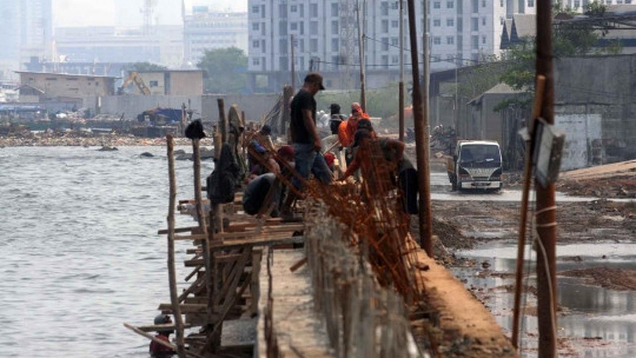 Memantau perkembangan proyek tanggul di Pantai Muara Baru