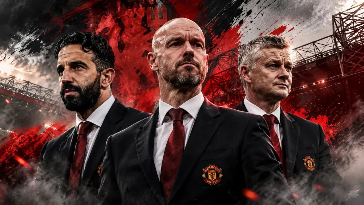 Ilustrasi Ruben Amorim, Erik ten Hag, dan Ole Gunnar Solskjaer