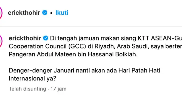 Unggahan Erick Thohir soal Pangeran Abdul Mateen. (Foto: Dok. Instagram @erickthohir)