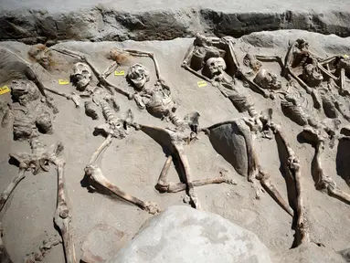 Sisa-sisa kerangka tubuh manusia yang terikat pada pergelangan tangannya terbaring di tempat pemakaman kuno Falyron Delta di Athena, Yunani, 27 Juli 2016. Diketahui kerangka tulang manusia tersebut sudah berusia 1700 tahun. (REUTERS/Alkis Konstantinidis)