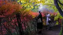 Orang-orang yang memakai masker untuk membantu mengekang penyebaran virus corona berfoto sambil berjalan di sepanjang jalan setapak saat pepohonan mulai berubah warna dedaunan musim gugur di Nagano, barat laut Tokyo, Jepang, Senin (26/10/2020). (AP Photo/Kiichiro Sato)