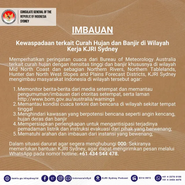Imbauan terkait banjir di Australia yang disampaikan KJRI Sydney. (Instagram @indonesiainsyd)