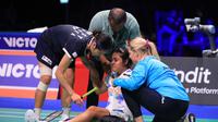Pebulu tangkis tunggal putri Indonesia Gregoria Mariska Tunjung terpaksa mundur di game kedua laga melawan An Se Young asal Korea Selatan pada semifinal Denmark Open 2024&nbsp;di Jyske Bank Arena, Sabtu (19/10).&nbsp;(foto: PP PBSI)