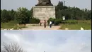 Kombinasi gambar pada 7 September 2015 terlihat patung raksasa kaisar pertama China, Qin Shi Huang (atas) dan gambar pada 9 April 2018 menunjukkan landasan penyangga kosong setelah patung itu roboh karena angin di Provinsi Shandong. (AFP PHOTO/China OUT)
