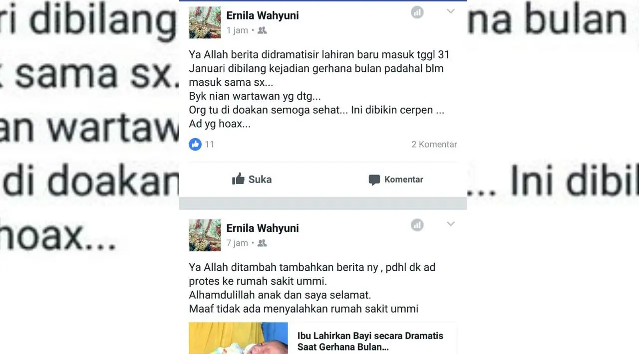 Status Facebook dari pasien yang bersangkutan, yakni Ibu Erlina. (Foto: Istimewa)