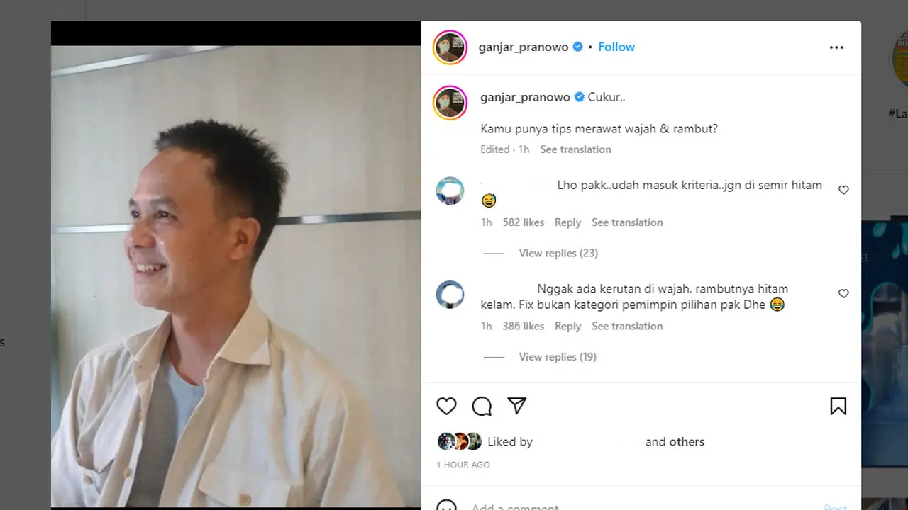 Gubernur Jawa Tengah Ganjar Pranowo mengunggah fotonya dengan rambut hitam di Instagram. (@ganjar_pranowo)