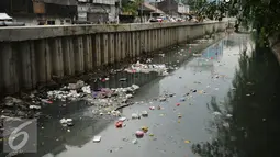 Ceceran sampah memenuhi pinggir kali di sisi Jalan Petojo Utara VI, Jakarta, Senin (26/12). Kali tersebut terlihat kotor akibat ceceran sampah limbah plastik, botol minuman ringan dan sterefoam. (Liputan6.com/Helmi Fithriansyah)