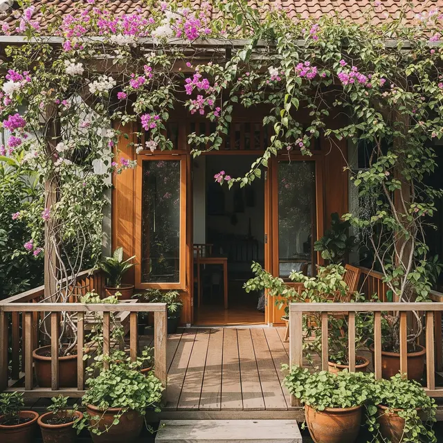 6 Desain Teras Rustic dengan Pot Tanaman Rambat yang Menjalar ke Atap, Kesejukan Alami