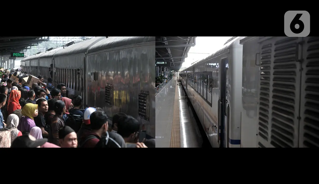 Foto kombo menunjukkan suasana arus mudik H-2 Idul Fitri 2019 (kiri) dan H-2 Idul Fitri 2020 (kanan) di Stasiun Pasar Senen, Jakarta, Jumat (22/5/2020). Larangan mudik bagi warga Jakarta karena pandemi COVID-19 menyebabkan pemandangan kontras di Stasiun Pasar Senen. (merdeka.com/Iqbal S. Nugroho)
