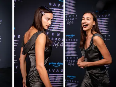 Foto kolase Irina Shayk saat menghadiri Rihanna's Savage X Fenty Show Vol. 4 disajikan oleh Prime Video di Simi Valley, California; dan disiarkan pada 9 November 2022. (Matt Winkelmeyer/Getty Images/AFP)