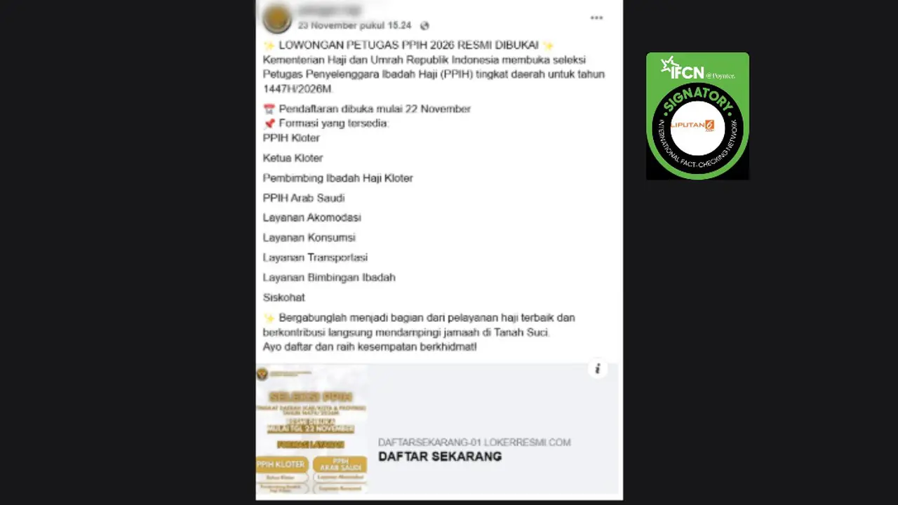 Tangkapan layar klaim tautan pendaftaran lowongan petugas haji 2026 yang beredar di Facebook.