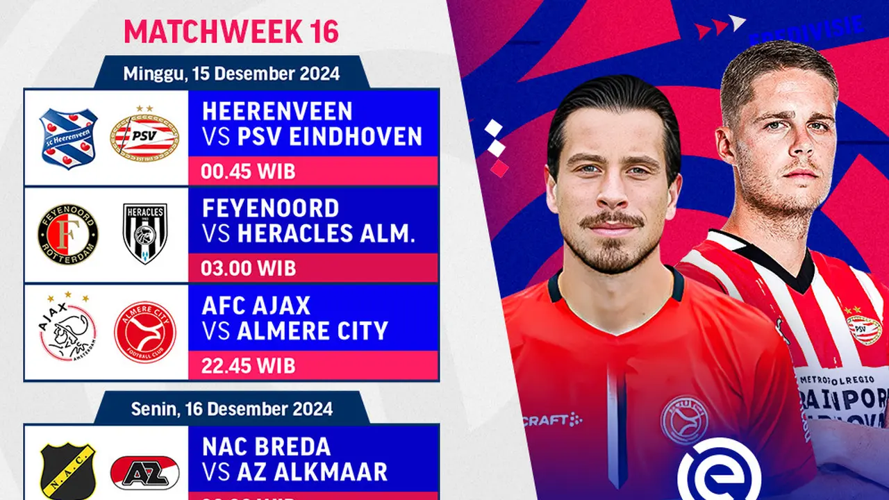 Jadwal Pertadingan Eredivisie 2024/25 Matchweek ke 16 di Vidio