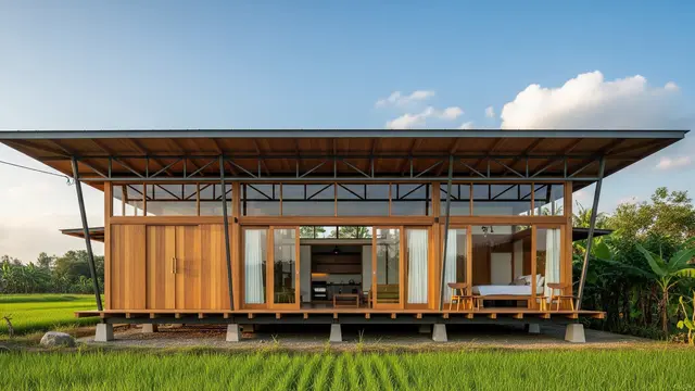 Rumah Kayu Minimalis dengan Struktur Penopang Baja Ringan