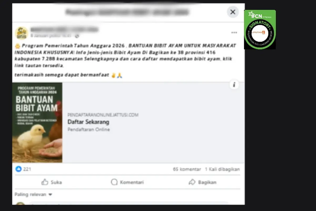 Tangkapan layar klaim tautan pendaftaran untuk mendapatkan bantuan bibit ayam dari pemerintah tahun anggaran 2026 yang beredar di Facebook. Cek faktanya