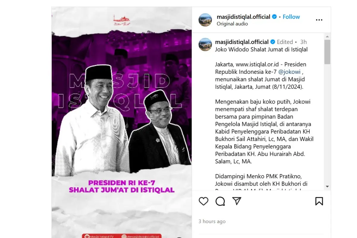 Presiden Republik Indonesia ke-7 Joko Widodo (Jokowi) menunaikan salat Jumat di Masjid Istiqlal, Jakarta pada hari ini, Jumat (8/11/2024).