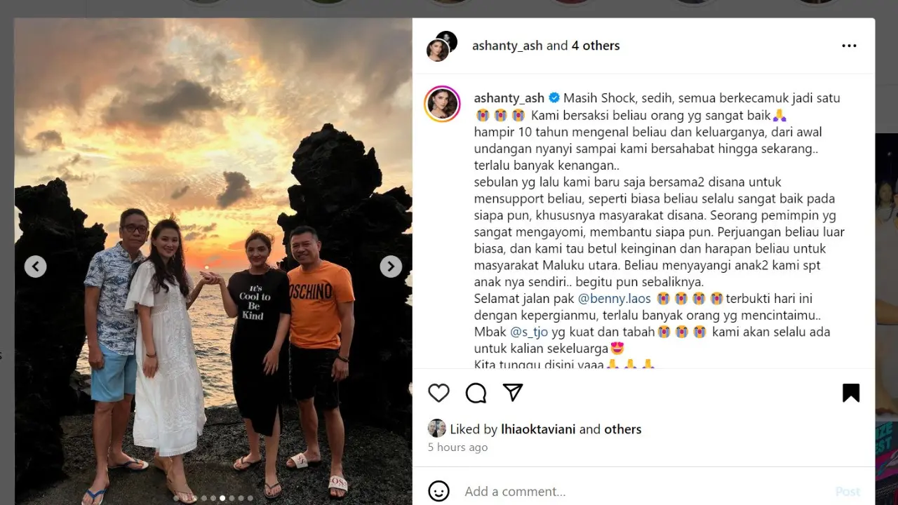 Ashanty dan suaminya Anang Hermansyah menyampaikan duka cita atas meninggalnya Calon gubernur Maluku Utara atau Cagub Malut Benny Laos.