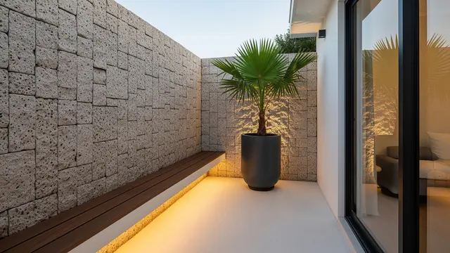 Model Teras dengan Batu Alam dan Palem Kipas untuk Rumah Type 36/AI Generated