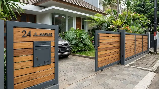 Pagar Kombinasi Besi dan Kayu dengan Kotak Surat Samping