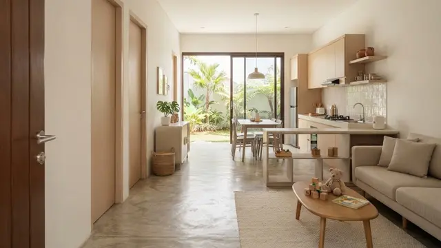 Desain Rumah Tiga Kamar Berderet dengan Area Keluarga Terbuka
