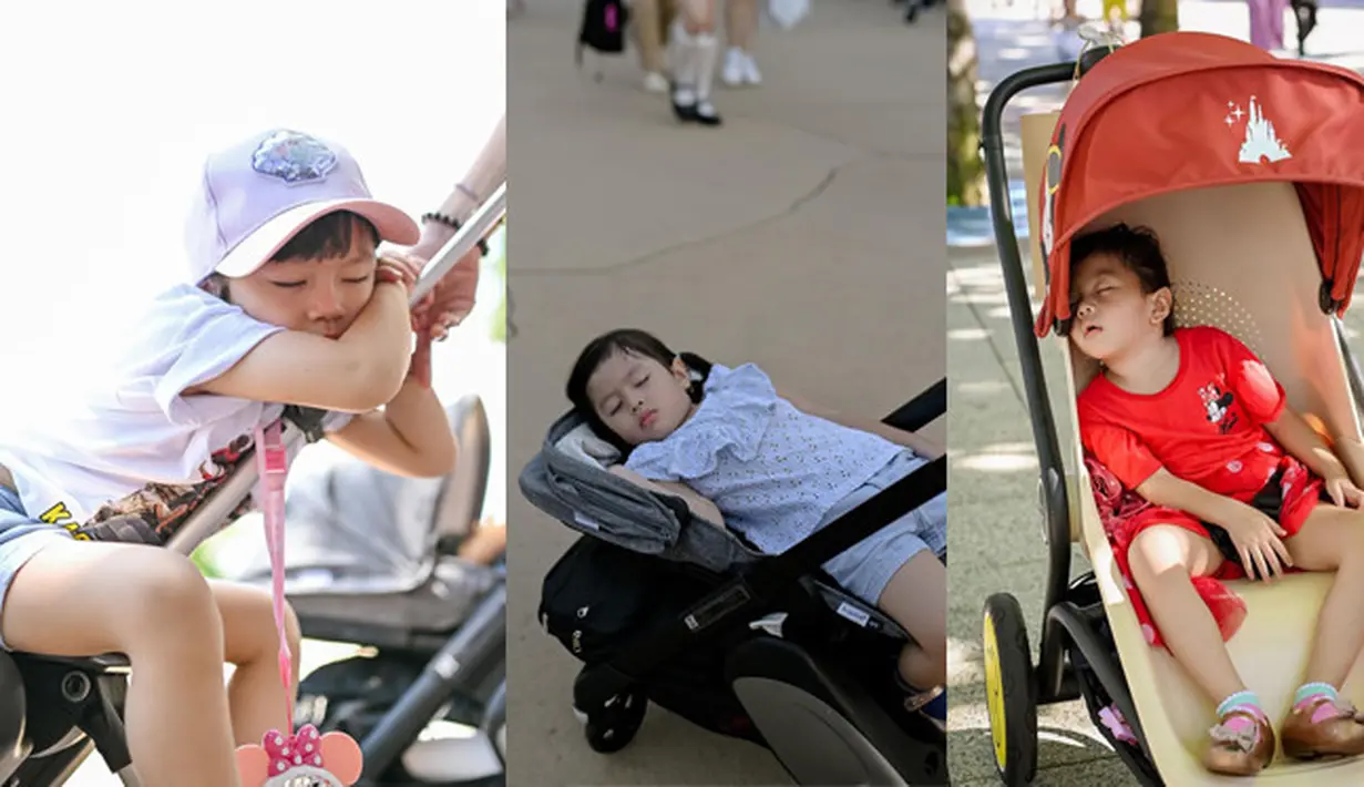 Meski cuaca sedang panas, anak pasangan ini tampak terlelap tidur saat menyambangi Disneyland. "Si bayik numpang tidur di Disneyland." tulis Tyara Renata. [Instagram/tyararenata]