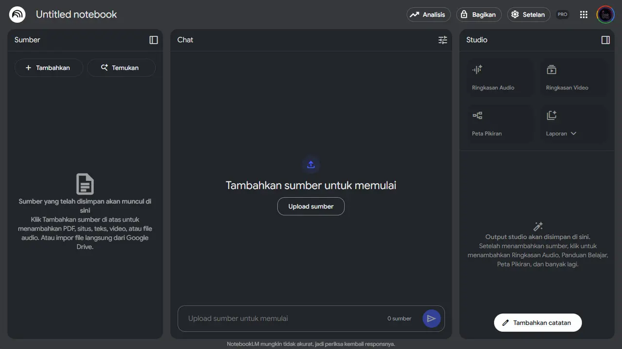 Tampilan platform NotebookLM.