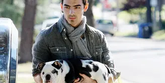 Joe Jonas terlihat menggendong anjingnya dengan santai di Beverly Hills. (Apg/X17online.com/USMagazine)