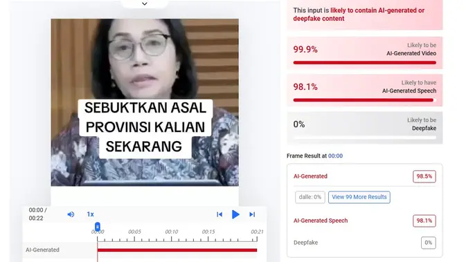 Video klaim Sri Mulyani mengumumkan program berbagi rezeki menunjukkan hasil AI. (Foto: tangkapan layar Hive Moderation)