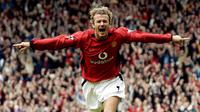 David Beckham salah satu legenda Manchester United dan bintang sepak bola dunia yang pernah menggunakan jersey nomor tujuh di Old Trafford. (AFP/Paul Barker)