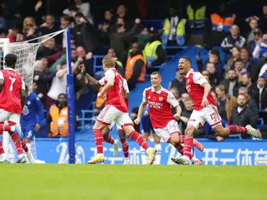 Arsenal sukses memastikan kemenangan atas Chelsea dalam Derby London. Meski bermain di Stamford Bridge, Arsenal sukses menang tipis 1-0 atas tuan rumah. (AP/Kirsty Wigglesworth)