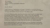 Surat ucapan selamat dari Presiden Amerika Serikat (AS) Joe Biden untuk Prabowo Subianto. (Foto: Tim Media Prabowo)