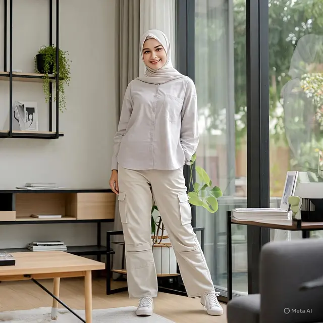 Outfit Cewek Pendek Hijab dengan Kaos Pendek dan Celana Cargo